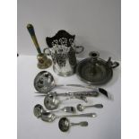 METALWARE, pewter chamberstick with snuffer; HM silver Kings pattern handled carving fork, plated