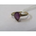 AMETHYST DRESS RING, 10ct yellow gold ring set with shaped amethyst with diamond shoulder, size J/K