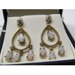 9CT YELLOW GOLD OPAL & DIAMOND DROP EARRINGS