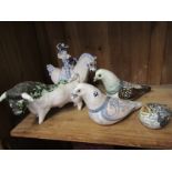 STUDIO POTTERY, Cotswold Pottery collection of 2 decorated Doves, Cuckoo, Equestrian Rider (8"