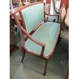 EDWARDIAN INLAID SETTEE, open arm mahogany 2 seater settee with turquoise upholstered panels and