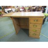 PINE KNEEHOLE DESK, single pedestal 4 drawer kneehole desk with drop flap and brass flush handles,