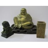 EASTERN METALWARE, Chinese brass seated Deity, on carved hardwood stand, 8" height; also carved