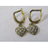 A PAIR OF 9ct YELLOW GOLD HEART DROP EARRINGS, set with white stone