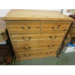 STRIPPED PINE STRAIGHT FRONT CHEST, 2 short and 3 long graduated drawers with brass swan neck