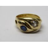 18CT YELLOW GOLD SAPPHIRE & DIAMOND SNAKE RING, Hallmarks for Chester, 1890, principal old cut