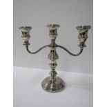 SILVER CANDELABRA, 3 branch silver candelabra on circular filled base, 8" (21cm) high, Birmingham