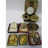GOLD PLATED POCKET WATCH, together with a selection of plated fobs and medals