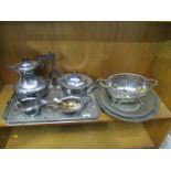 SILVERPLATE, 3 piece plated tea service, pierced gallery rectangular tray, 2 ethnic engraved serving