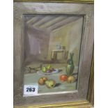 LOBEFARO, signed oil on board "Still Life Study - Table with Fruit", 7" x 5"