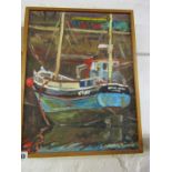 CHRISSIE MICKLETHWAITE, signed oil on board "Fishing Boat at Low Tide in Harbour", 15" x 12"