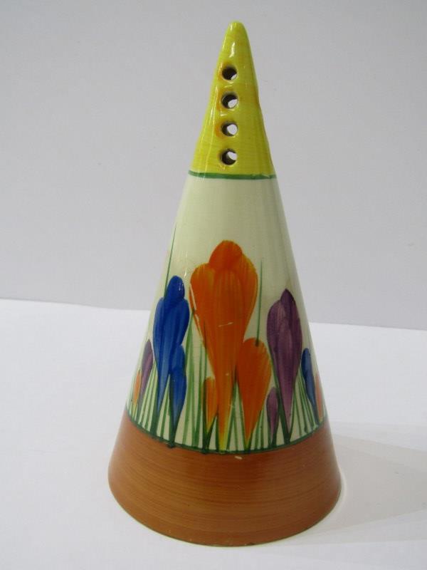 CLARICE CLIFF, "Crocus" pattern conical dredger, 5.5" height (some staining of body)