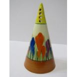 CLARICE CLIFF, "Crocus" pattern conical dredger, 5.5" height (some staining of body)