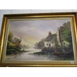 KERRIS, signed painting on canvas "Riverside Cottage at Low Tide", 19.5" x 29.5"