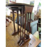 EDWARDIAN MAHOGANY NEST OF 3 TABLES, inlaid circular top 3 tier nest with ringed column supports,