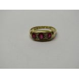 18CT YELLOW GOLD RUBY & DIAMOND RING, 3 graduated size oval cut rubies, each separated by a pair