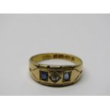 VINTAGE 18CT YELLOW GOLD SAPPHIRE & DIAMOND 3 STONE RING, principal old cut diamond with pale blue