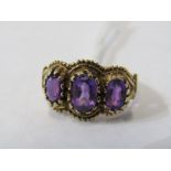 VINTAGE STYLE 9CT YELLOW GOLD 3 STONE AMETHYST RING, size L/M