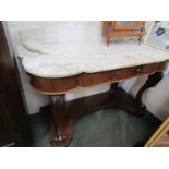 VICTORIAN MARBLE TOP WASH STAND, mahogany scroll support, open base and single frieze drawer (