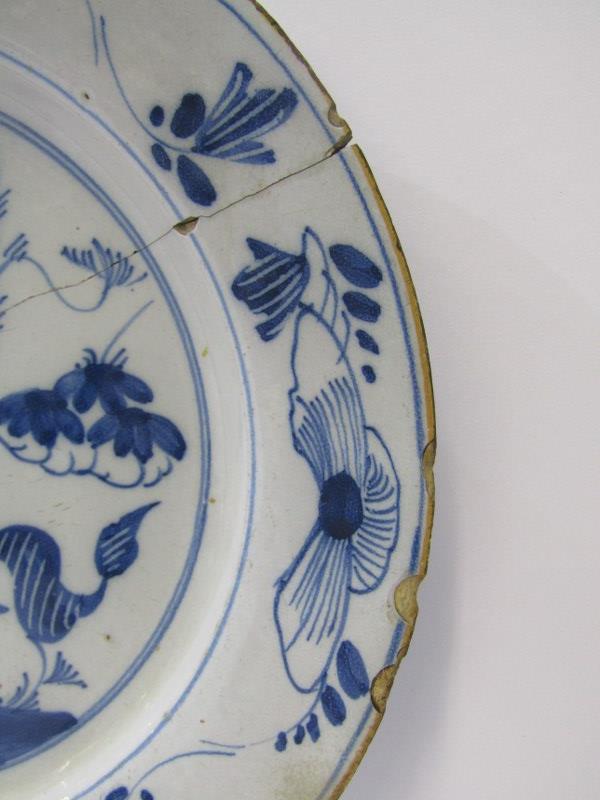 EARLY DELFT, "Butterfly & Vase" pattern 9" blue painted dessert plate (rim chips and hairline crack) - Image 2 of 5