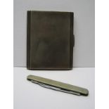 SILVER CIGARETTE CASE, engine turned design & white metal 2 bladed fruit knife, cigarette case