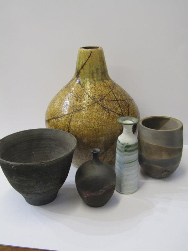 STUDIO POTTERY, collection of 5 pieces of studio pottery including 12" brown glazed baluster vase by