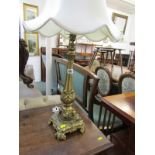 LIGHTING, ornate brass foliate design square base table lamp and shade, 18" height