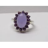 SILVER LILAC, JADE & AMETHYST CLUSTER RING, size M/N