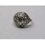 14CT WHITE GOLD ART DECO DESIGN DIAMOND RING, principal transitional cut diamond of good colour &