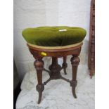 VICTORIAN PIANO STOOL, button back circular seat supported on 4 carved mahogany splayed legs