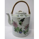 ORIENTAL CERAMICS, large porcellanous cylindrical tea pot with wicker handle, 9" height