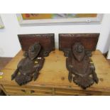 BRACKET SHELVES, pair of antique carved oak bracket supports with lion mask supports, 19" height
