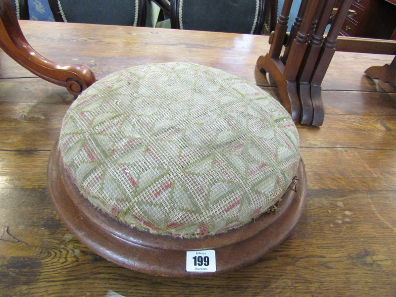 VICTORIAN FOOT STOOL, mahogany circular framed tapestry foot stool, 15" diameter