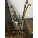 VINTAGE STICK STAND together with 2 shooting sticks and 3 walking canes