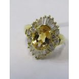 18ct GOLD CITRINE & DIAMOND CLUSTER RING, oval citrine surrounded by baguette and brilliant round