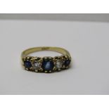 18CT YELLOW GOLD 5 STONE SAPPHIRE & DIAMOND RING, 3 sapphires of good colour separated by a pair