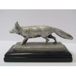 SILVER FOX, sculpture of a textured silver fox on wooden ebonised plinth, 5.5" (14cm) length, makers