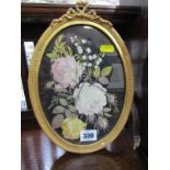 ANTIQUE NEEDLEWORK, gilt oval framed needlework floral panel, 8" x 6"
