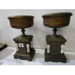 ANTIQUE METALWARE, pair of 19th Century gilded brass pedestal mantel urns with painted floral