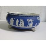WEDGWOOD BLUE JASPERWARE, early 19th Century classical circular fruit bowl on ball footed base, 9"