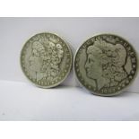 2 SILVER DOLLAR COINS, 1, 1885 marked CC, 1, 1882 also marked CC