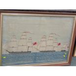 MARITIME, 19th Century coloured woolwork panel "Depicting 3 British Triple Masted Frigates", 24" x