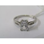 9ct WHITE GOLD STONESET RING, 9ct gold dress ring set a rectangular clear stone, size K