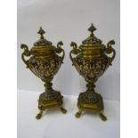 CHAMPLEVE, pair of fine 19th Century European pedestal lidded urn ornaments on claw feet and chimera