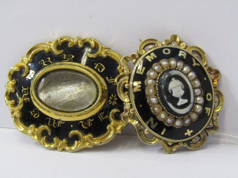 MOURNING JEWELLERY, 2 mourning brooches both yellow metal and black enamel, 1 set with seed pearl, 1