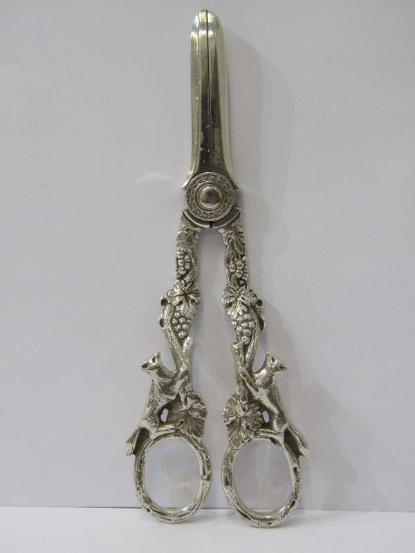 NOVELTY SILVER GRAPE SCISSORS, the handles decorated with foxes, vines and grapes, Sheffield 1935,