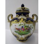 ROYAL WORCESTER, pot pourri vase, gilded Royal Blue ground twin handled and lidded vase, decorated