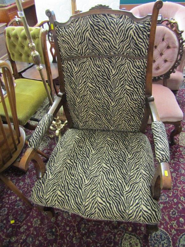 EDWARDIAN OPEN ARMCHAIR, with zebra print upholstery and shaped cabriole legs