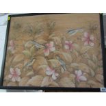 EASTERN SCHOOL, signed painting on fabric, "Study of Birds in Blossoming Bush", 19" x 25"