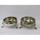 GEORGIAN SILVER SALTS, matched pair of circular silver salts on 3 cusped feet, London HM 1817 &